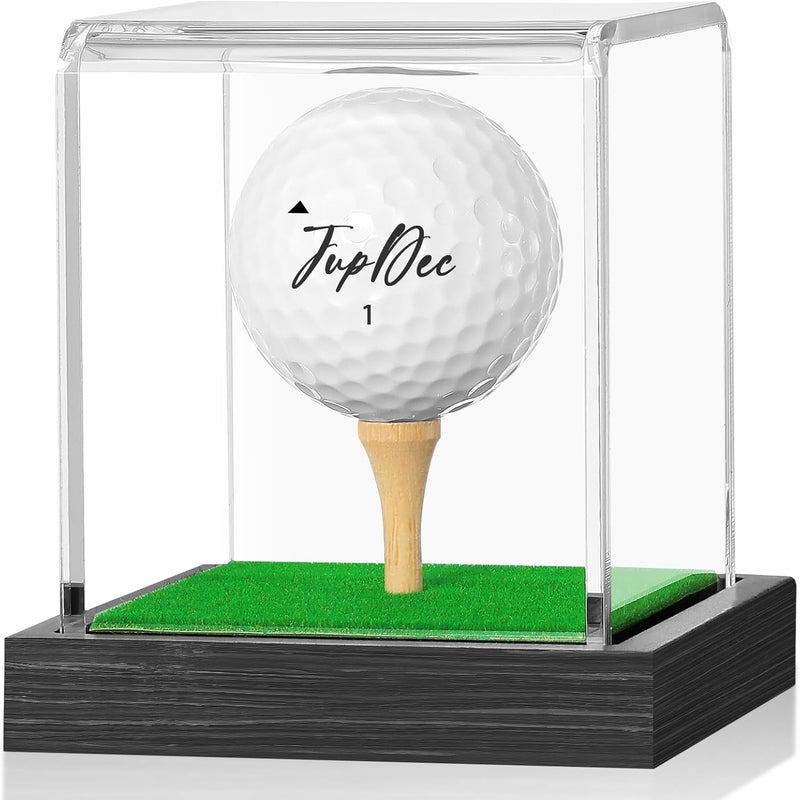 JupDec Golf Ball Display Case Clear Acrylic Memorabilia Stand Cube Holder with Wood Base & Tee, Dust Protection Transparent Storage Box for Single Ball Souvenir Golfball Collections, Black, 1 Pack - Image 1